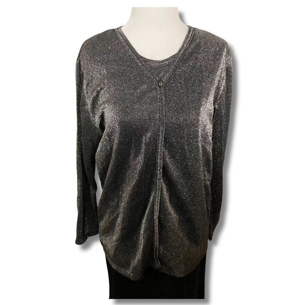 TRADITION Dark silver grey metallic faux twin set top ~ MEDIUM LARGE "cardigan"